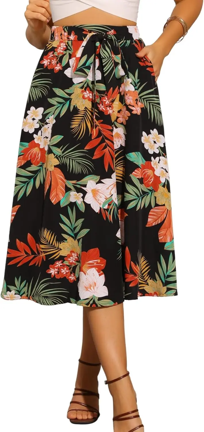 تنورة Luxy Trio Floral Boho Midi للنساء بخصر مطاطي على شكل حرف A تنورة شاطئ صيفية واسعة