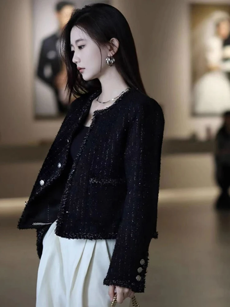 Jmprs Black Slim Women Tweed Jacket Vintage Long Sleeve O Neck Elegant Short Coat Lady Single Breasted Small Fragrance Retro Top