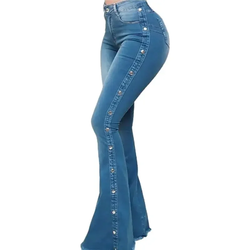 Mode Kant Studs Gesp Decoratie Uitlopende Jeans Vrouwen Wijde Pijpen Broek Hoge Taille Denim Broek Dagelijks Casual Chique Streetwear