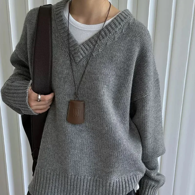 

Свитер из 100% чистой шерсти, осень/зима, новые повседневные однотонные вязаные топы с v-образным вырезом, женский свободный пуловер, базовая блузка