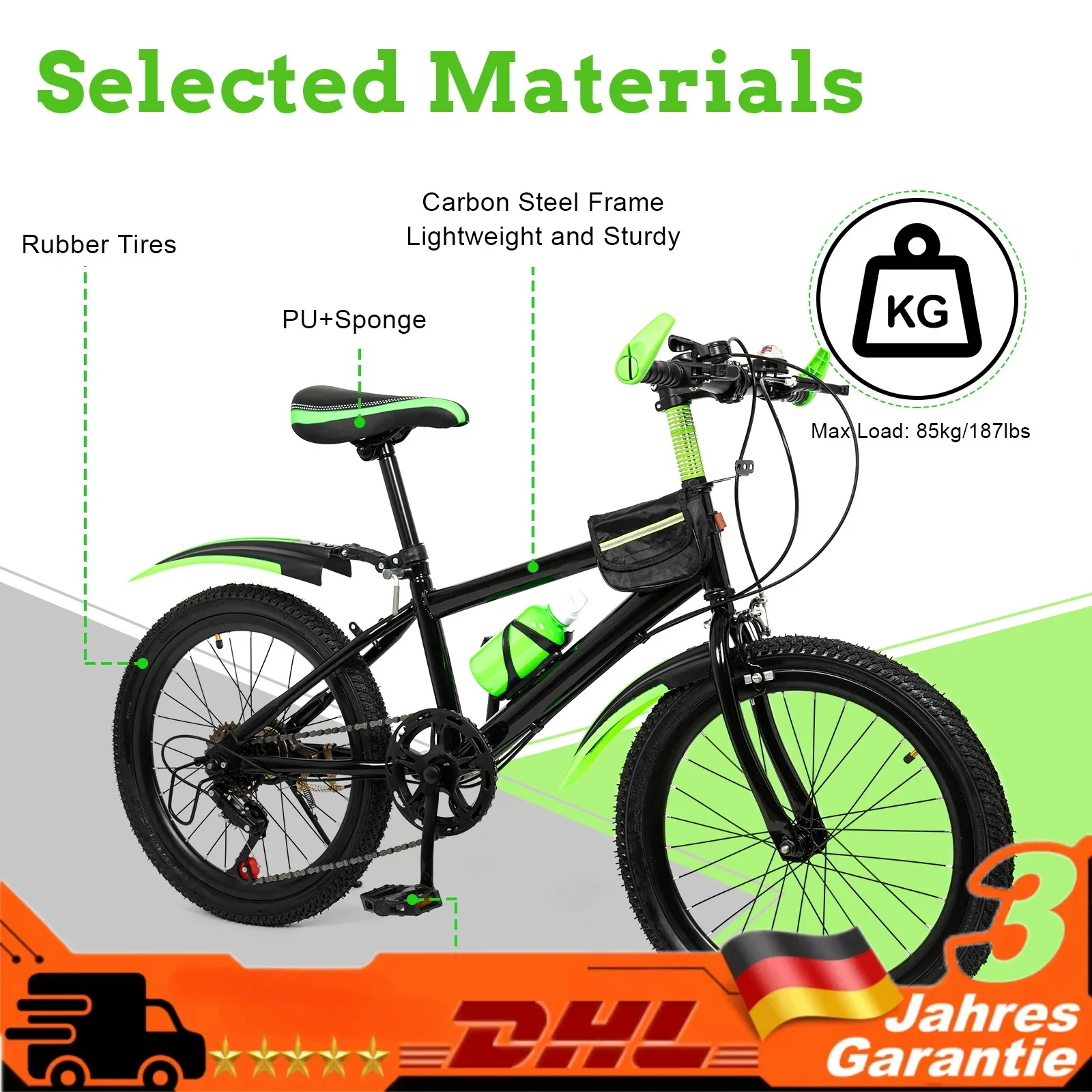 20 Inch Mountain Bike for Children, Bicycle City Bike with Suspension Fork and Mudguards, 6-Speed Children's Bicycles