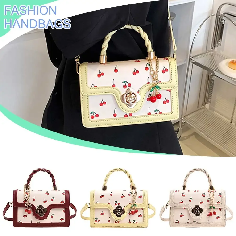 

Women Cherry Square Chain Bag Adjustable Strap Fashion Small Satchel Bag Versatile Cherry Pattern Sling Bag Ladies Outdoor Bag