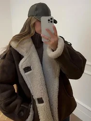 Vintage Faux Leather Coat Women Khaki Turn-down Collar Warm Thick Fluffy Jacket 2024 Winter Lady Long Sleeve Button Outerwears