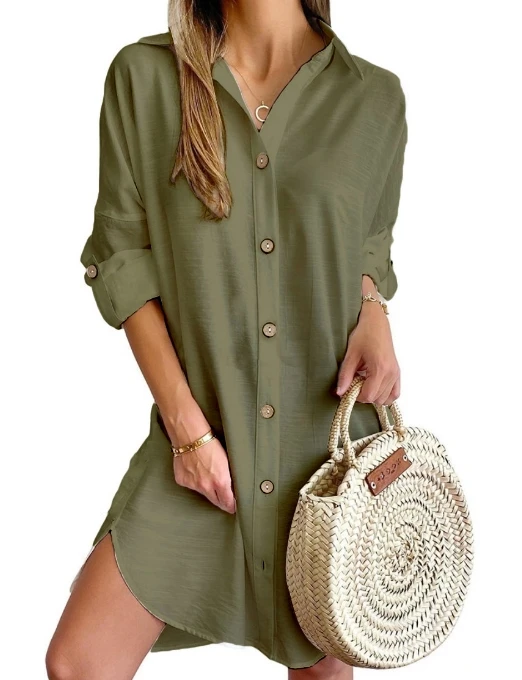 

Women's Dress 2024 Summer Fashionable New Casual Long Sleeved Lapel Button Up Shirt Dress Vacation Style Sexy Elegant Dress