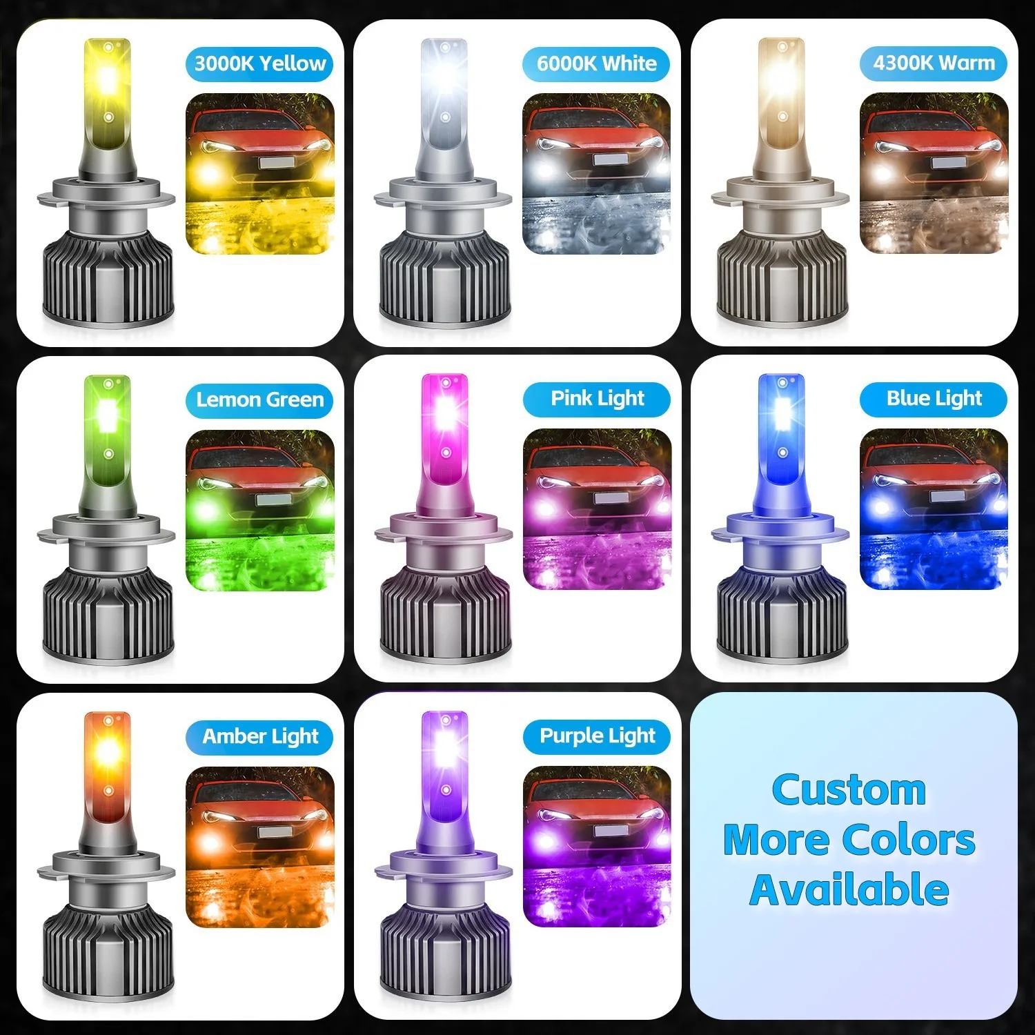 9005 9006 H1 H3 H7 H10 HIR2 12V 50W Multi Color LED Headlight Bulbs Fit Multiple Car Models 3000K 4300K 6000K