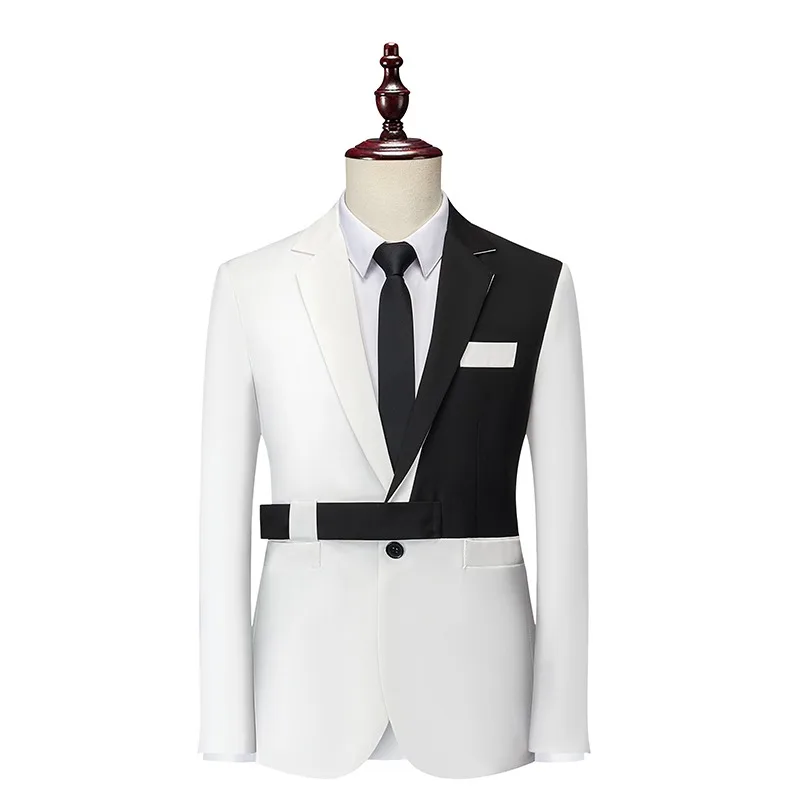 2026 Spring New Men's Asymmetric Color Block Blazer with Waist Belt Fashion Business Suit Jacket