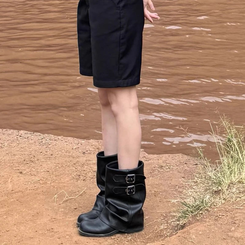 New Black Thick Heels Pants Boots Women Ankle Boots For Women Belt Buckle High Heels Shoes Woman Fashion Botas de mujer