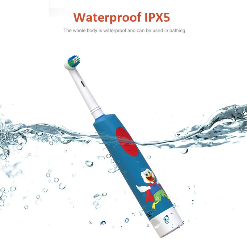 Cepillo de dientes eléctrico de rotación para Limpieza de dientes, resistente al agua, de dibujos animados, con 1 cabezal de repuesto adicional