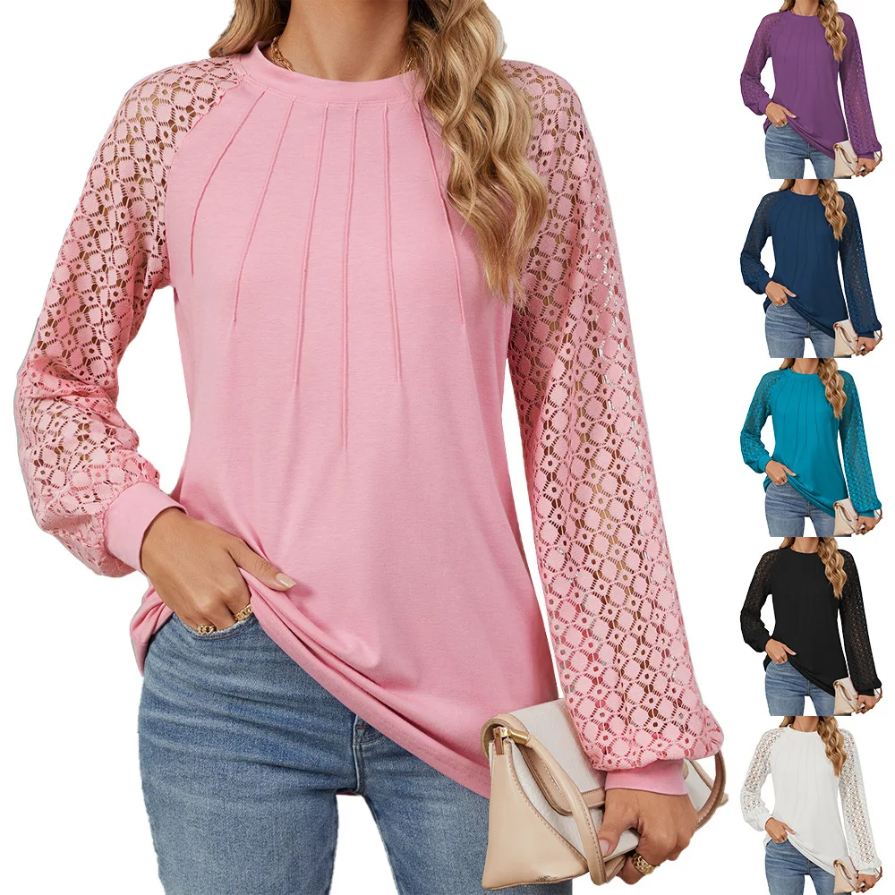 Women's Hollow Lace Sleeve Shirts O-Neck Solid Color Knit Blouses Casual Business Slim Ladies Basic Elegant Youth Female Tops
