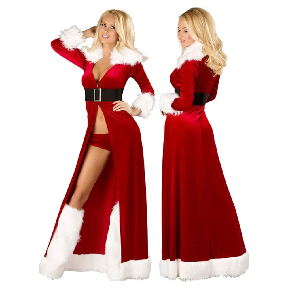 

Women Red Velvet Sexy Christmas Costume Xmas Party Cosplay Santa Claus Long Sleeved Coat Suit Christmas Performance Clothing