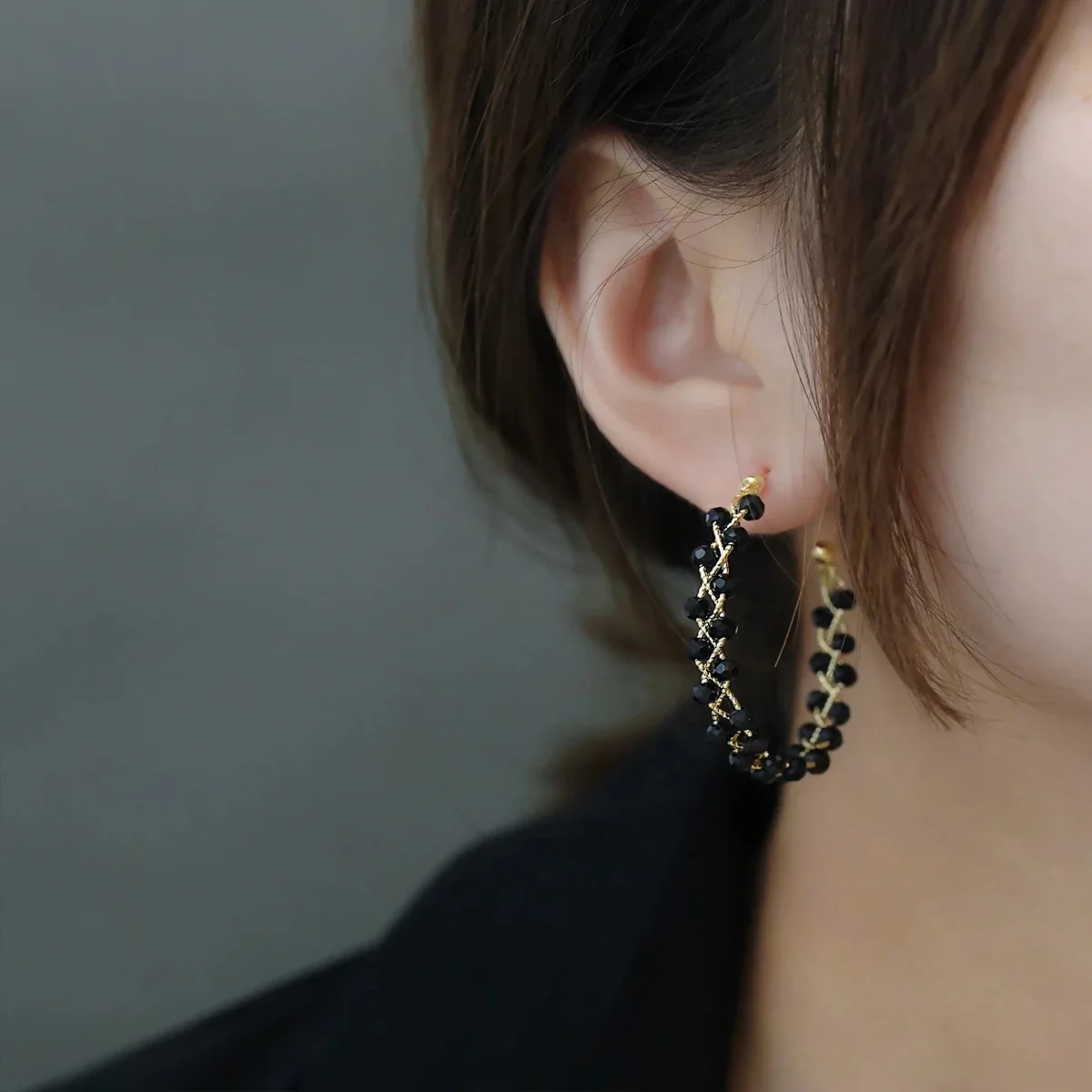 2023 Fashion Double-layer Black Crystal Woven Hoop Earrings South Korea Simple Accessories Party For Women\'s Luxury Jewelry
