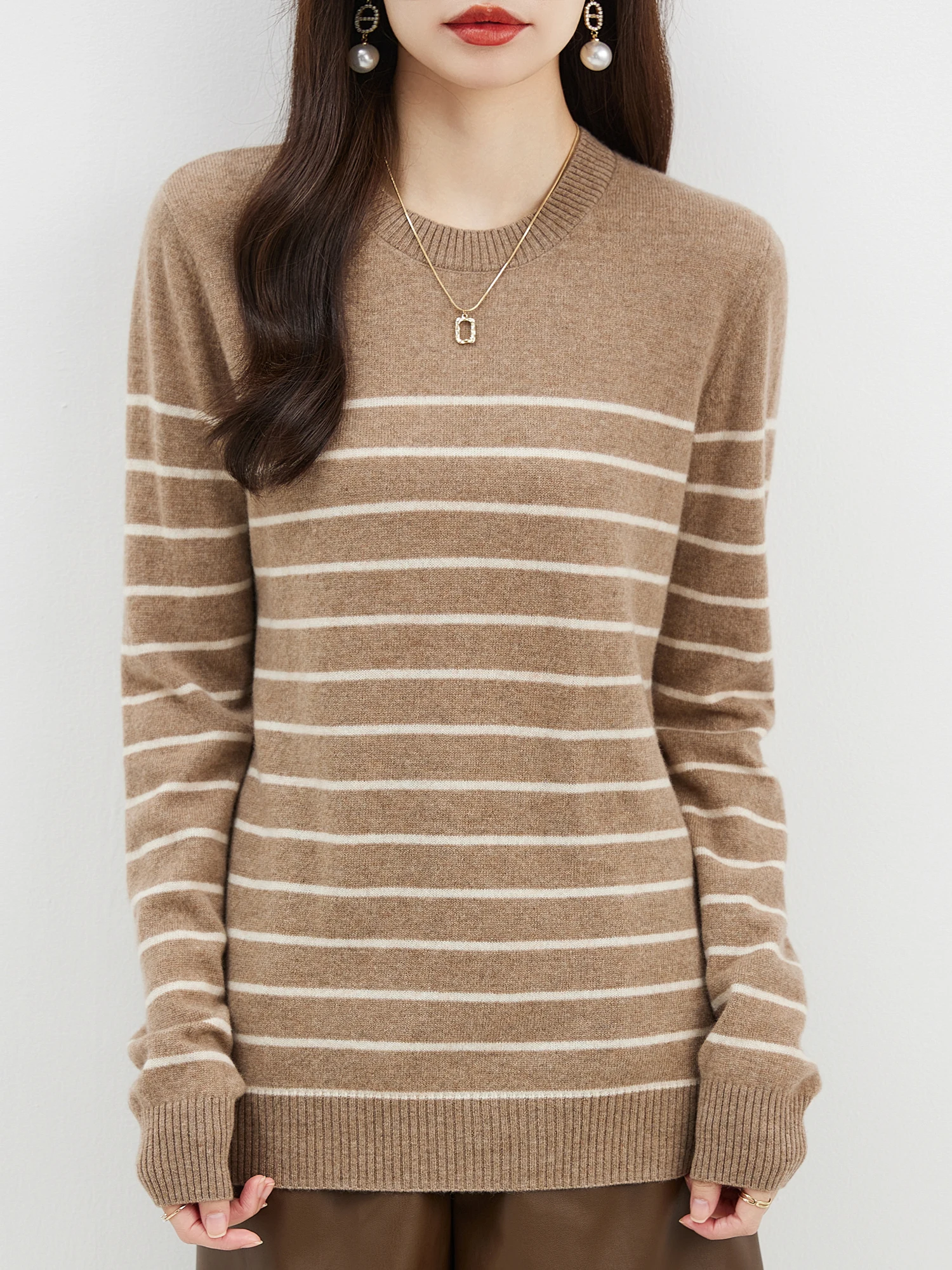 EU Size Women's Sweater 100% Merino Wool Crewneck Sweater 2023 Fall Winter Warm Tops Long Sleeve Striped Casual Knitted Pullover