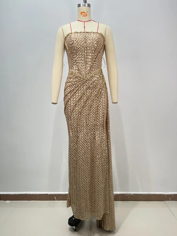 2024 Women Celebrity Sexy Strapless Sequins Gold Crystal Split Maxi Long Gowns Dress Elegant Evening Party Club Vestido