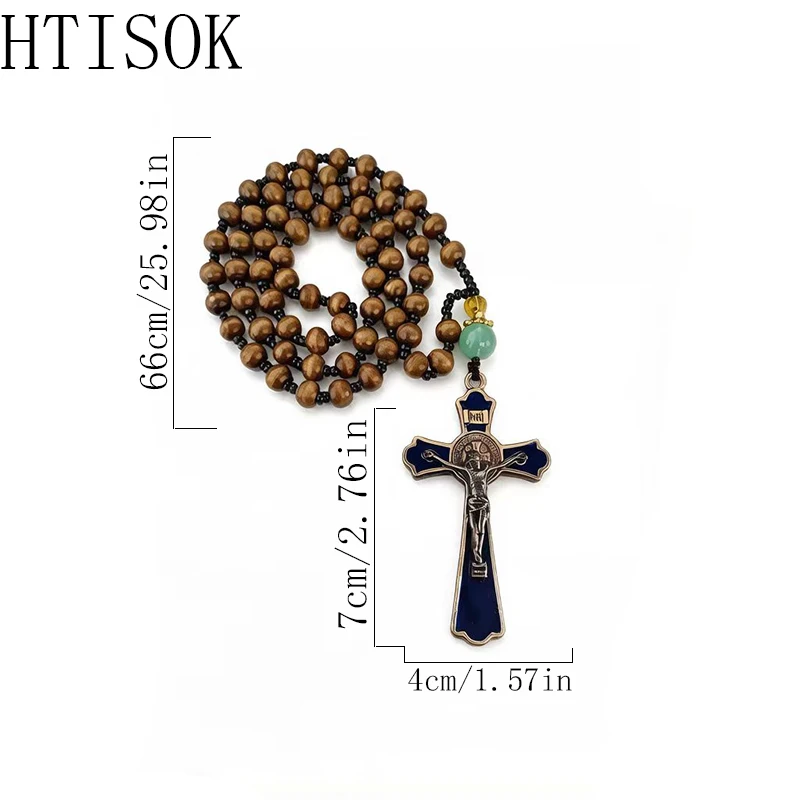 New Catholic Rosary Beads Brown Wooden Chotki With Blue Enamel St Benedict Crucifix And Green Jade Bead For Spiritual Practice