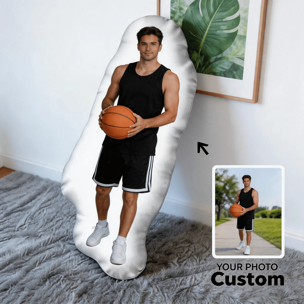 Personalized Photo/Text Basketball Player Cushion - Custom Name/Number/Photo, Large 60cm Suitable for Sofa & Bed, Stylized Black