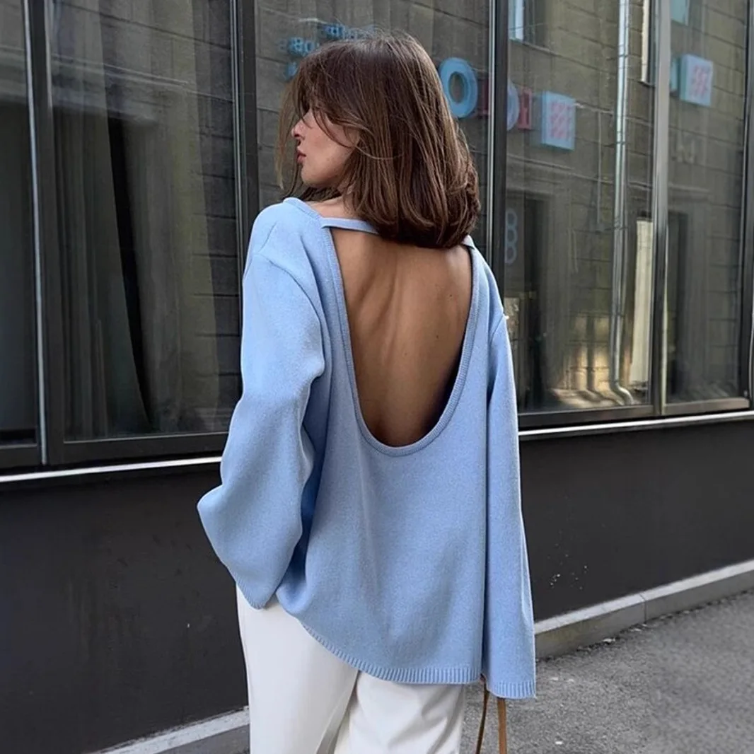 Women Cotton Sweater Open Back Backless Pullover Loose Oversize Boat Neck Drop Shoulder Knit Top Elegant Warm Fall Winter Jumper