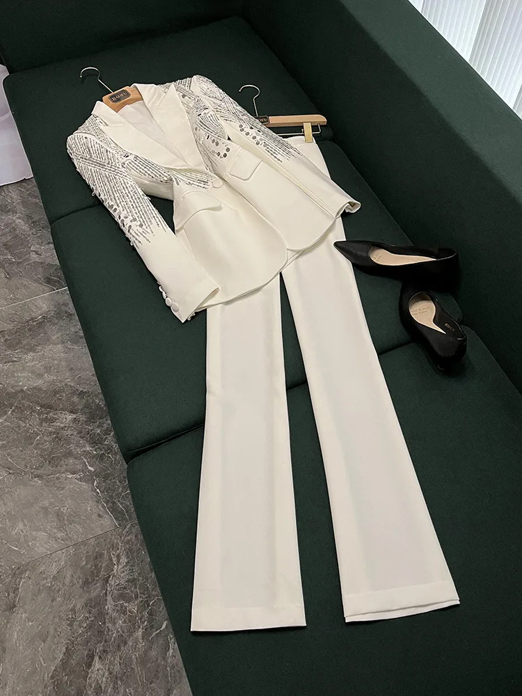 HIGH Quality White Beaded Embroidery Sequins Pants Sets Women 2 Piece Outfits Blazer Pantsuits for Women Suits Outfits Black