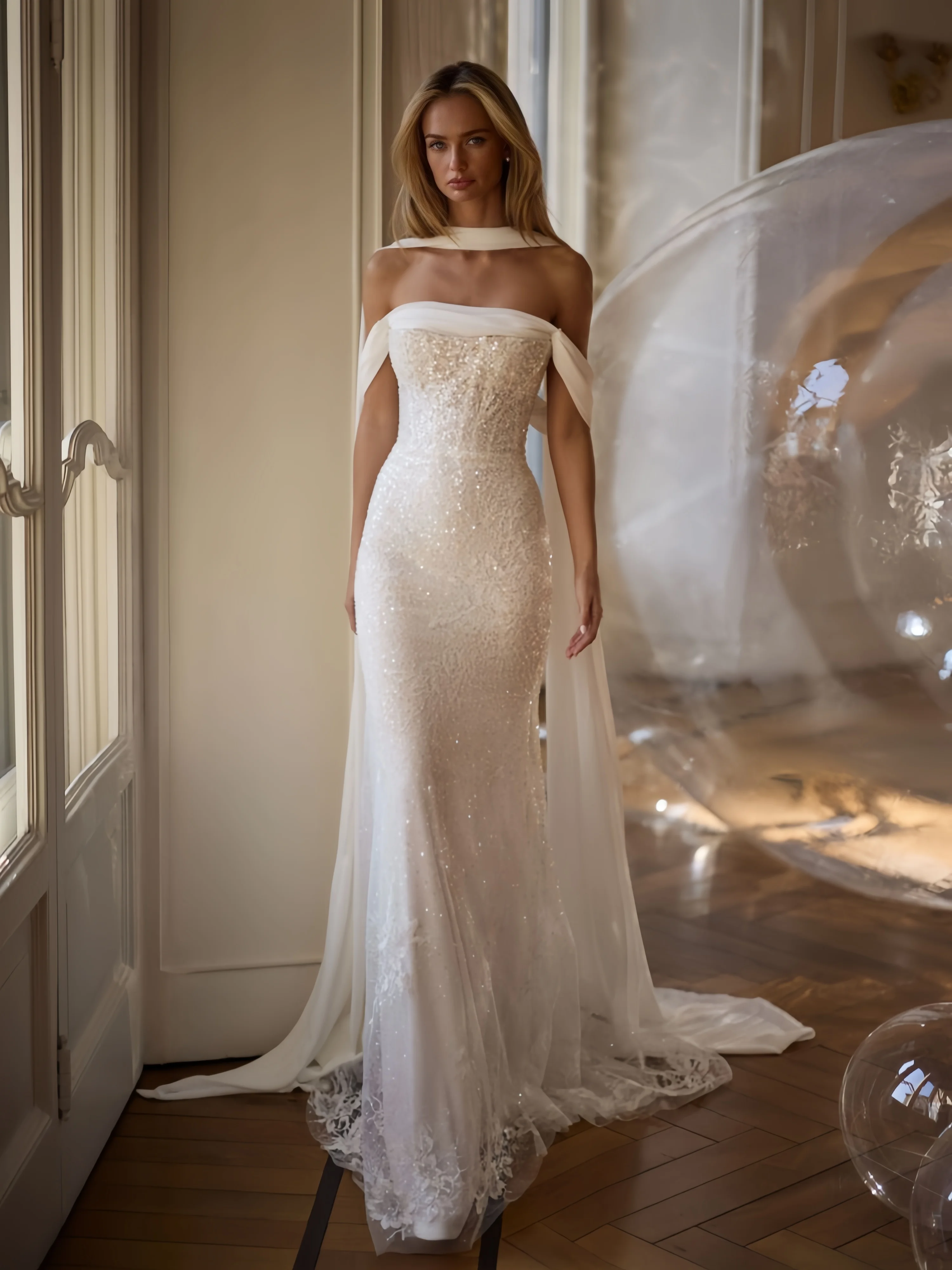 Customisable Wedding Dress Figure-hugging Double-layered Sequinned Lace Mermaid Skirt Evening Gown Customisable Pastel Shades