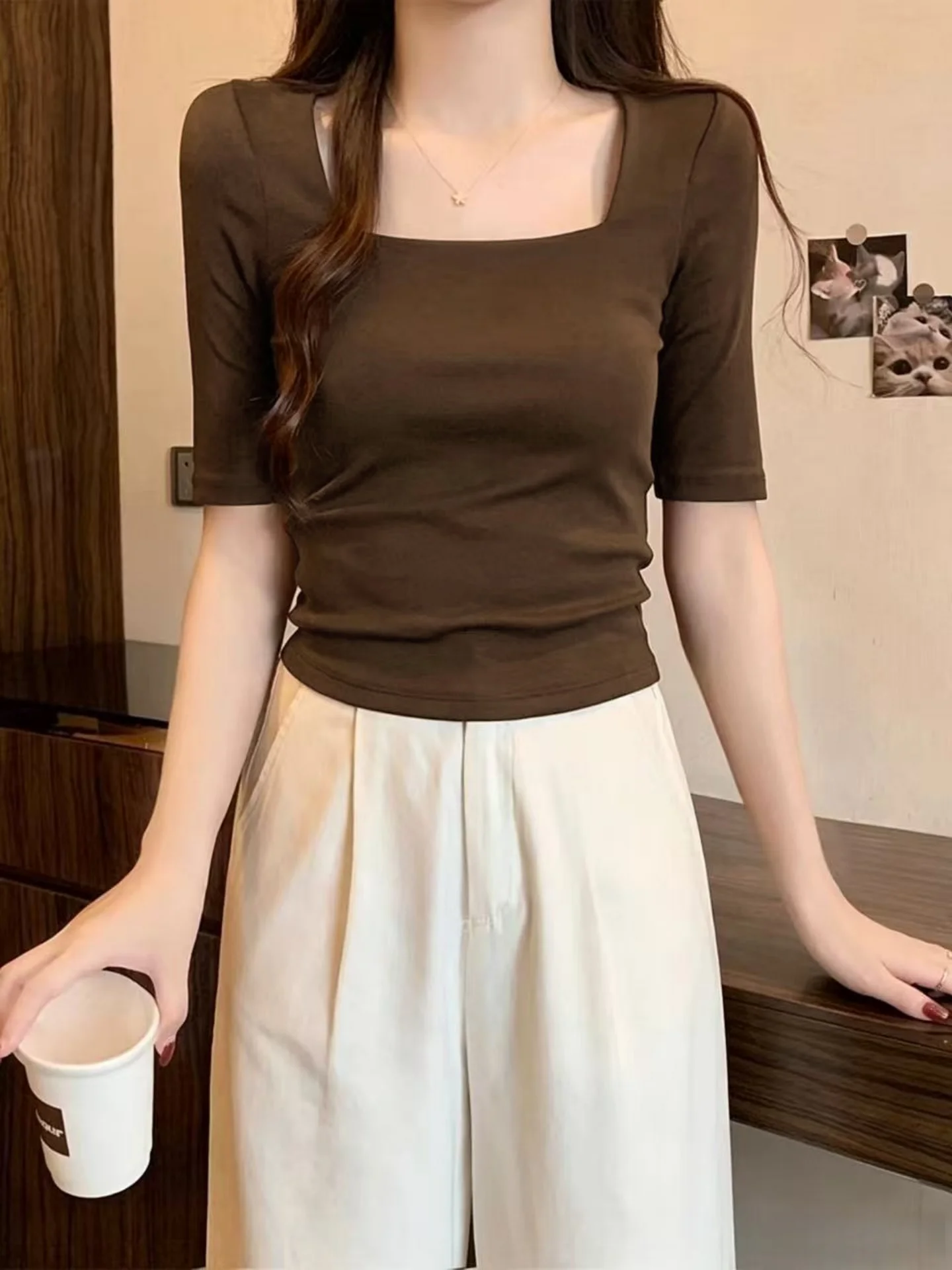 95 Cotton Half Sleeve T-Shirt Women's Spring Summer Square Collar Slimming Design Big Size Comfortable Breathable Summer Top