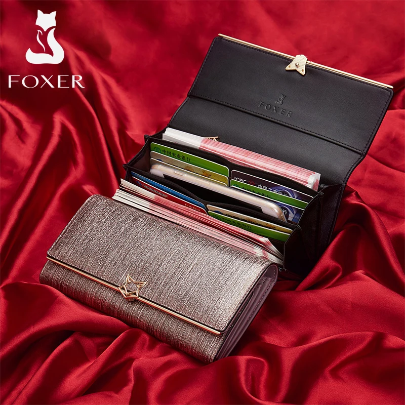 FOXER Brand Women\'s Split Leather Long Wallet Female Chic Clutch Cellphone Bags Lady Fashion Coin Card Holder Shiny Luxury Purse