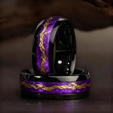 Fashion Black Men Stainless Steel Ring with Purple Wood and Golden Leaf Pattern Inlay Rings for Men Wedding Jewelry Drop Ship