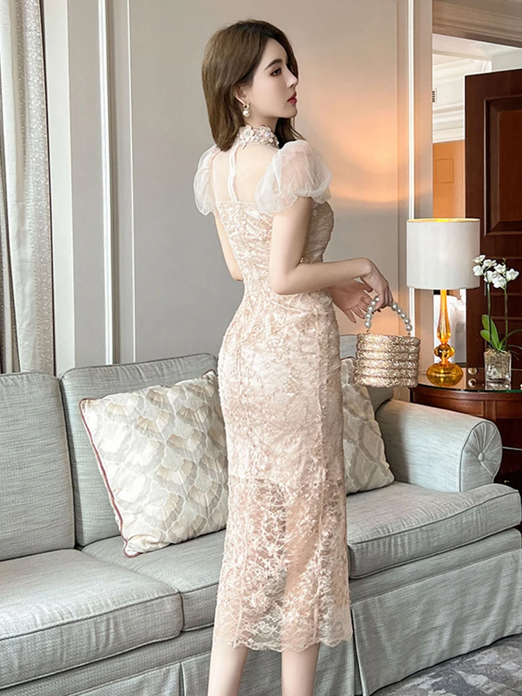 New Summer Lace Elegant Luxury Evening Dress Women Clothes Sweet Hollow Sexy Puff Sleeve Slim Party Birthday Robe Vestido Fiesta