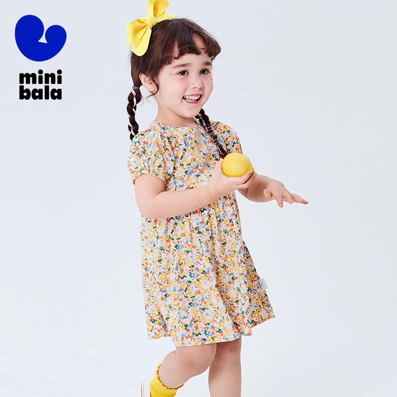 Mini Bala Dress Girls 2024 New Summer Floral Bubble Sleeve Stylish Princess Dress