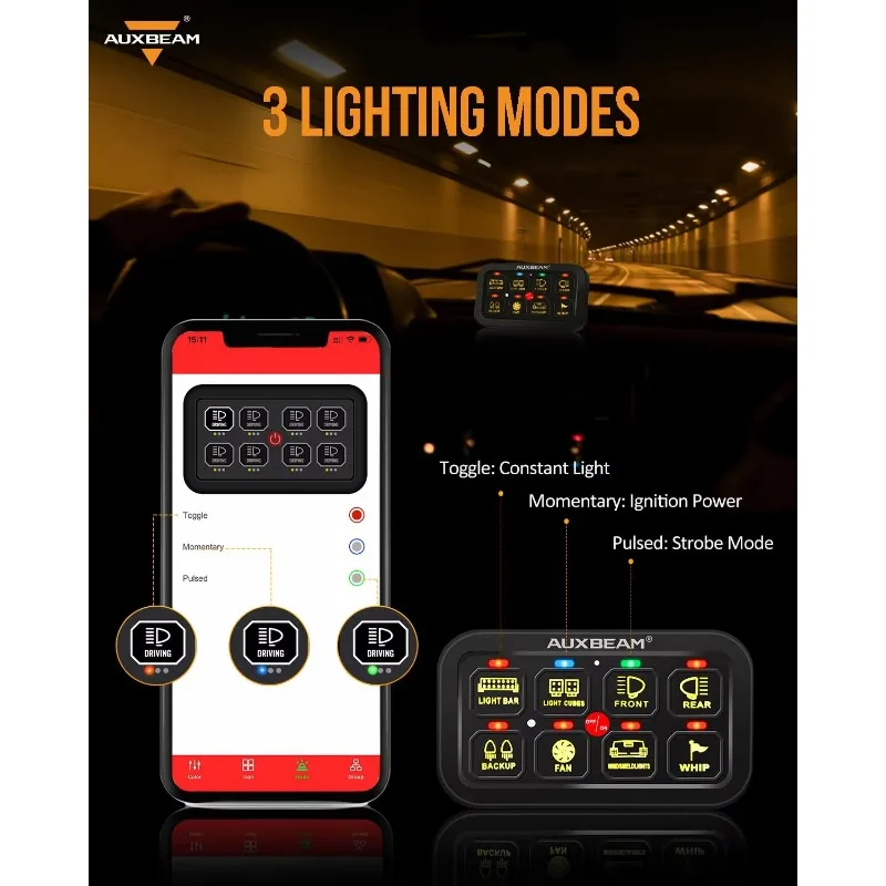 8 Gang Switch Panel RGB AR-800 Toggle Momentary Pulsed Bluetooth Switch Panel for Truck SUV UTV ATV Marine RV