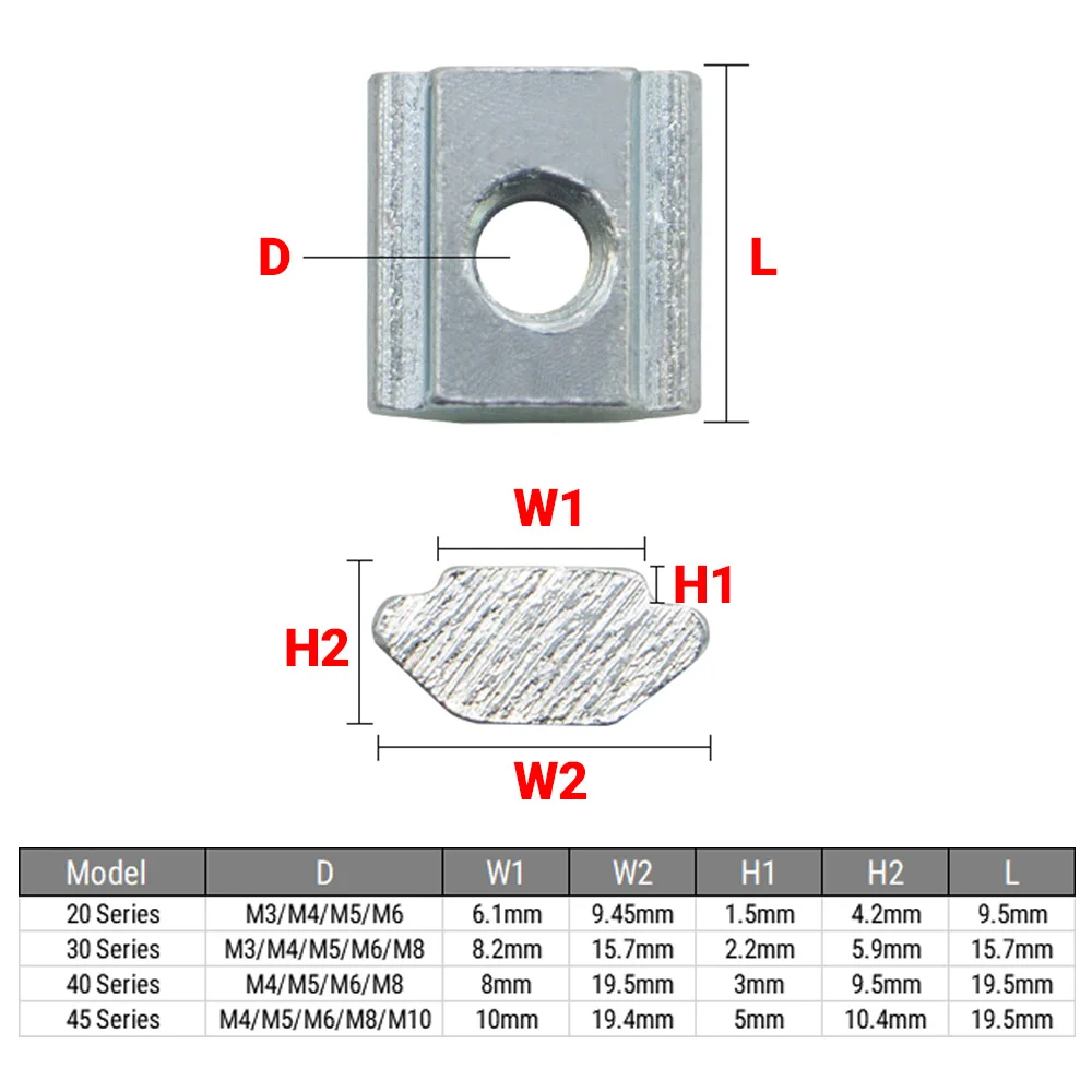 50/100Pcs M3 M4 M5 M6 M8 M10 T Block Square Sliding T-Nuts Hammer Nut for Fastener 2020 3030 4040 4545 Aluminum Profile