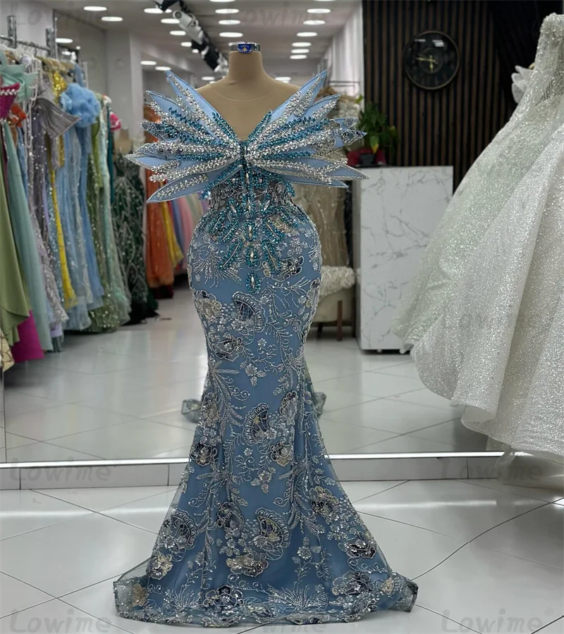 2 In 1 Design Blue Prom Dress Aso Ebi Mermaid Evening Gowns 2025 Customize Engagement Crystals Party Dress With Detachable Train