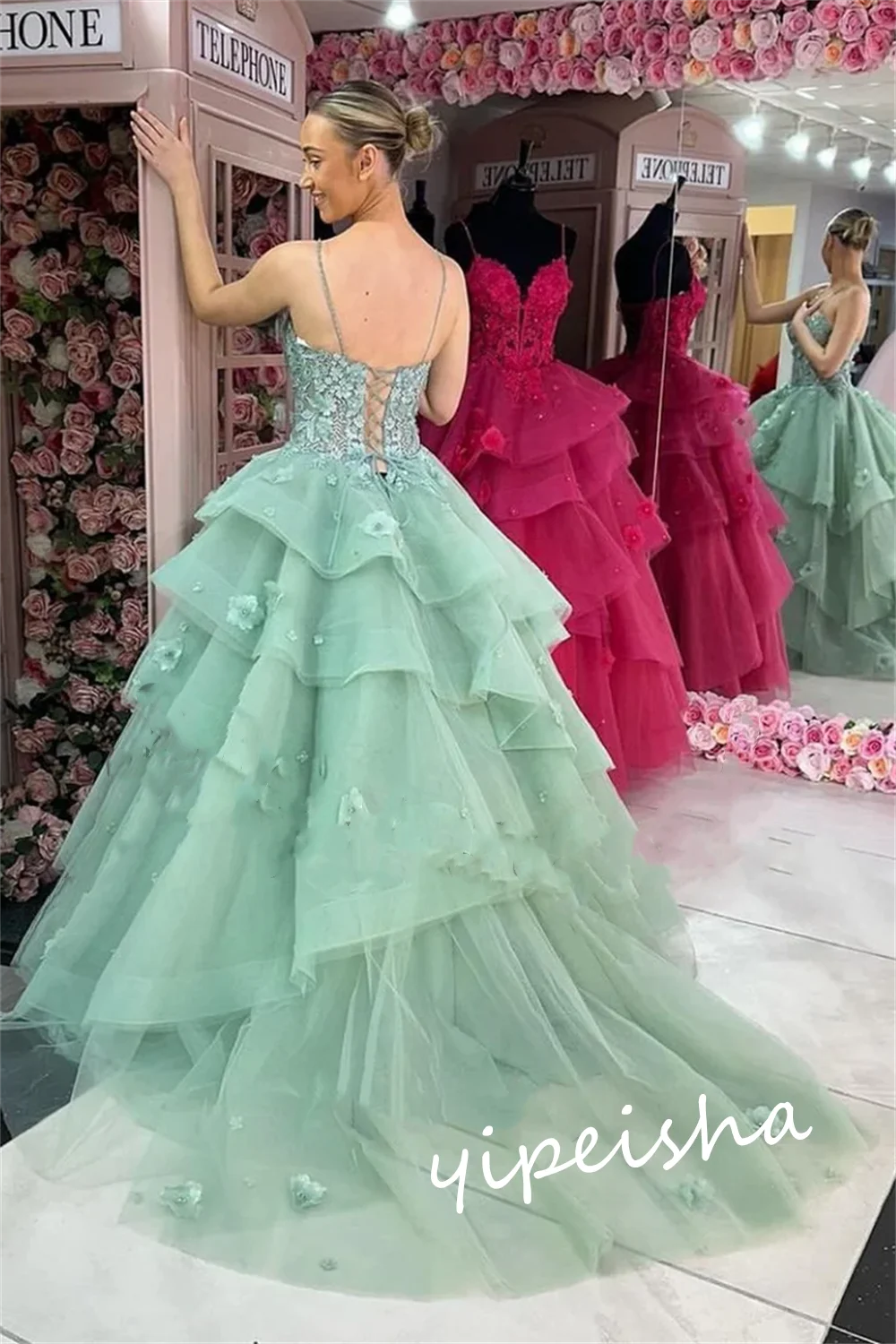 Jiayigong  Prom Tulle Applique Tiered Evening  Gown Spaghetti Strap Bespoke Occasion  Long Dresses