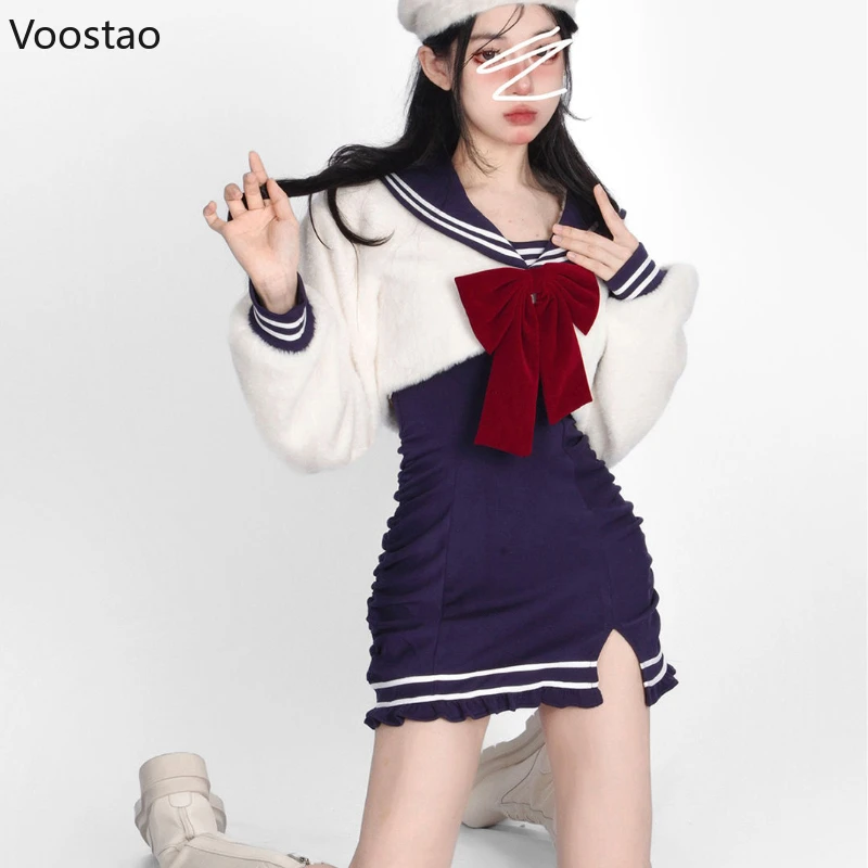 Japanese Sweet Lolita Dress Sets Women Kawaii Preppy Style Bow Sailor Collar Blouse Party Mini Dresses Autumn Winter Jk Uniform