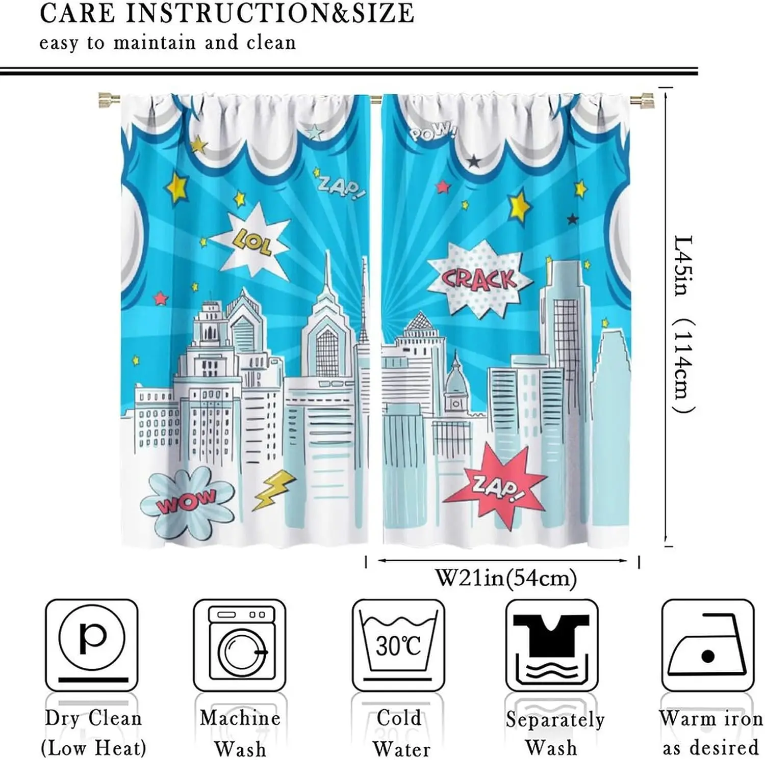 City Hero Window Curtains for Kids, City Skyline Buildings Cityscape for Living Girl Room Bedroom Window Curtain Drapes 2 Panels