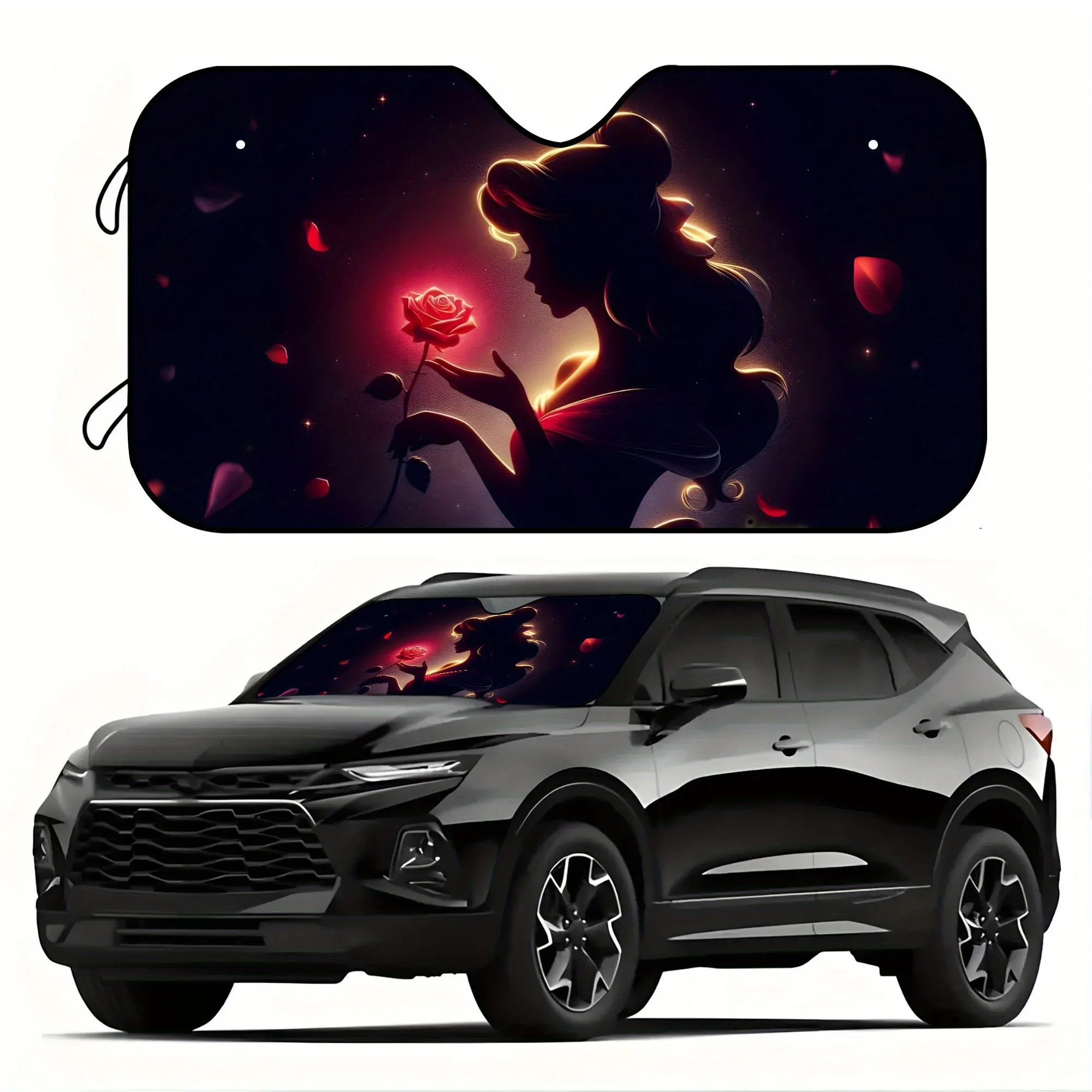 

Beauty and the Beast Belle Theme Car Windshield Sunshade - UV Protection & Anti-Glare, Vibrant Cartoon Design with Rose & Castle