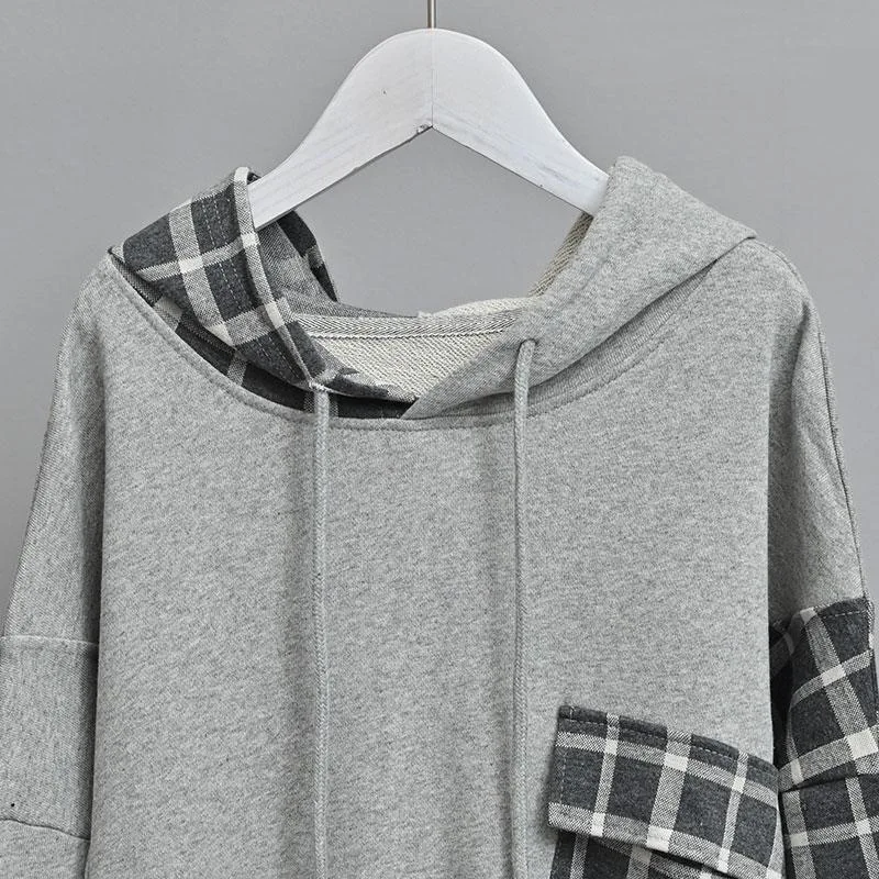 Women Plaid Patchwork Fashion Oversized Streetwear Cotton Hoodies Autumn Casual Long Sleeve Pullovers Female Hooded Sweatshirt