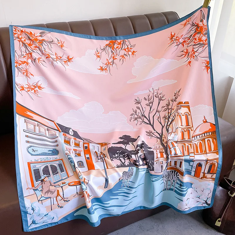 العلامة التجارية الفاخرة وشاح مربع للنساء تصميم شال التفاف 90 سنتيمتر طباعة حك الحرير النساء الحجاب الإناث فولارد عقال باندانا