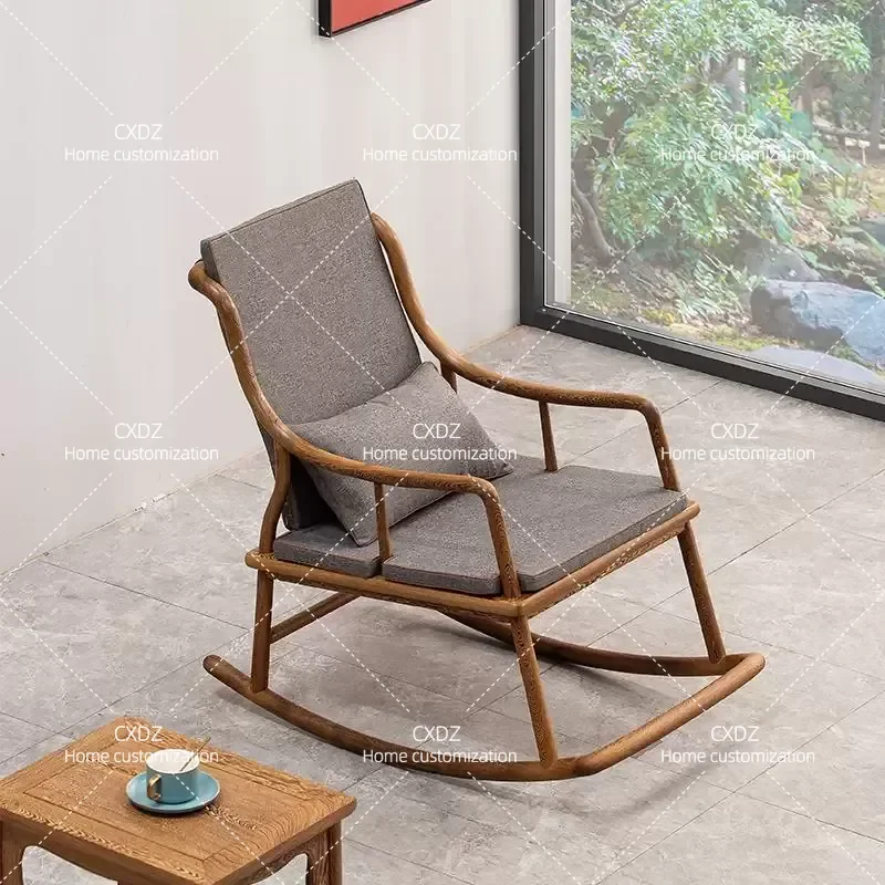 Solid Wood Rocking Recliner Chair for Home Balcony Leisure Comfortable Back Support Seat for Elderly Relaxation Furniture