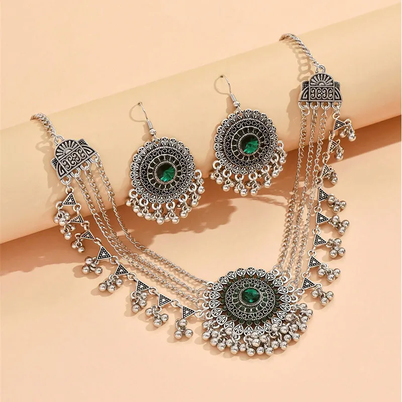 New Rhinestone Jewelry Sets Metal Beads Tassel Multilayer Necklace Earrings Set For Women Bijoux Statement Collar Necklace Set