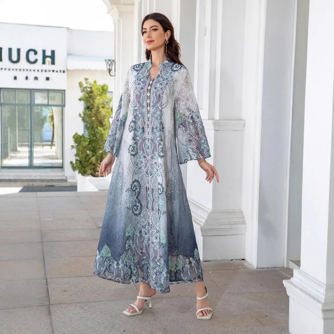 중동 크로스보더 무슬림 여성 로브 자수 천 프린팅 핫 다이아몬드 여성 드레스 아바야