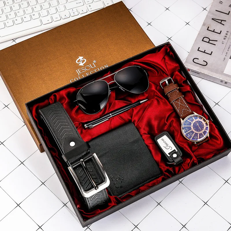 Men Watch Set in Box with Leather Belt Wallet Glasses Keychain Pen Quartz-watch Men Gift Set Casual Business Birthday Gift Boxes