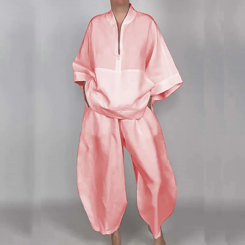Pullover sexy con mezza cerniera e maniche lunghe con scollo a V e pantaloni lunghi Completi da donna larghi da 2 pezzi con tasca alla moda, set