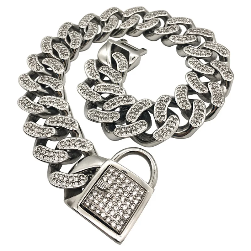 Luxury Rhinestone Dog Collar Chain Bling Diamond Customized 32mm Stainless Steel Pet Dog Collar Leash Bulldog Pitbull French