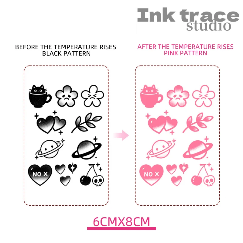 Kawaii Mini Pattern Color Changing Temporary Tattoo Heat Sensitive Black to Pink Waterproof Flower Heart Planet Cat Body Art for