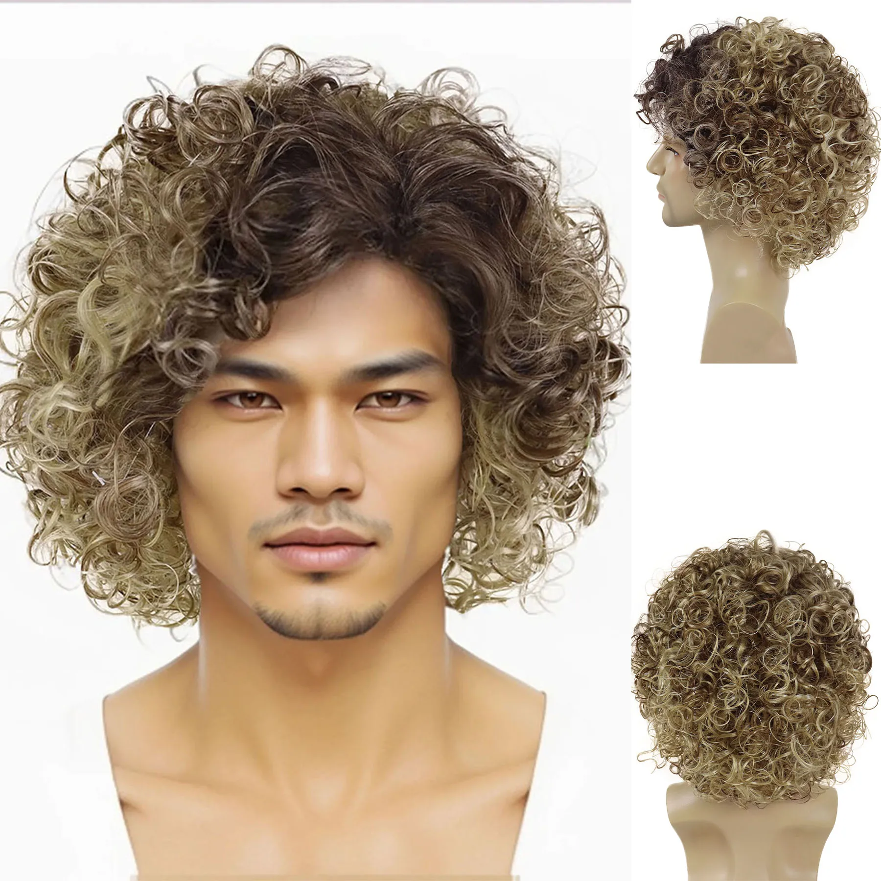 Synthetic Ombre Blonde Short Curly Wig for Men Hair Replacement Wig with Bangs Fashion Thick Curls Wigs Daily Costume Cosplay