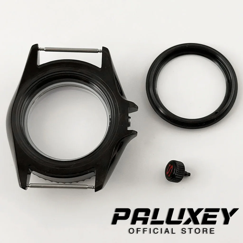 S Crown PVD Nero 42mm Cassa per orologio meccanico in vetro zaffiro da uomo Accessori NH34 NH35 NH36 Custodia resistente all'acqua trasparente