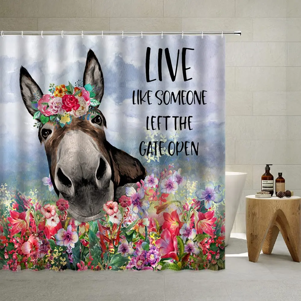 Donkey ผ้าม่าน Rustic Floral Farmhouse ผ้าม่านห้องน้ําสีดําและสีขาวน่ารักสัตว์โมเดิร์นกันน้ําชุดตะขอ