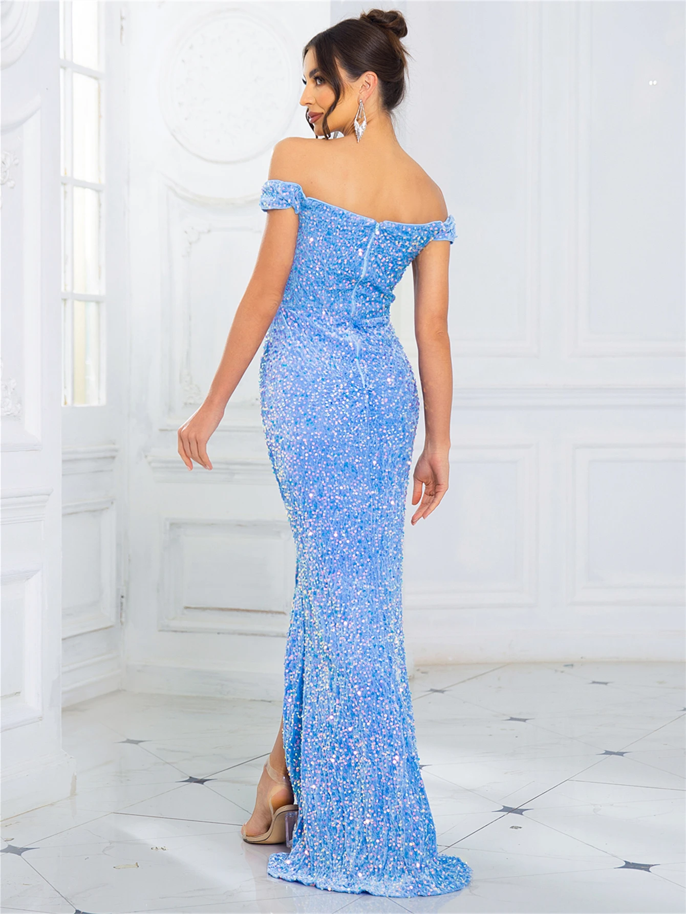 Sexy Off Shoulder Sequined Prom Dress Ruched Cut Out Split Sleeveless Evening Maxi Gown