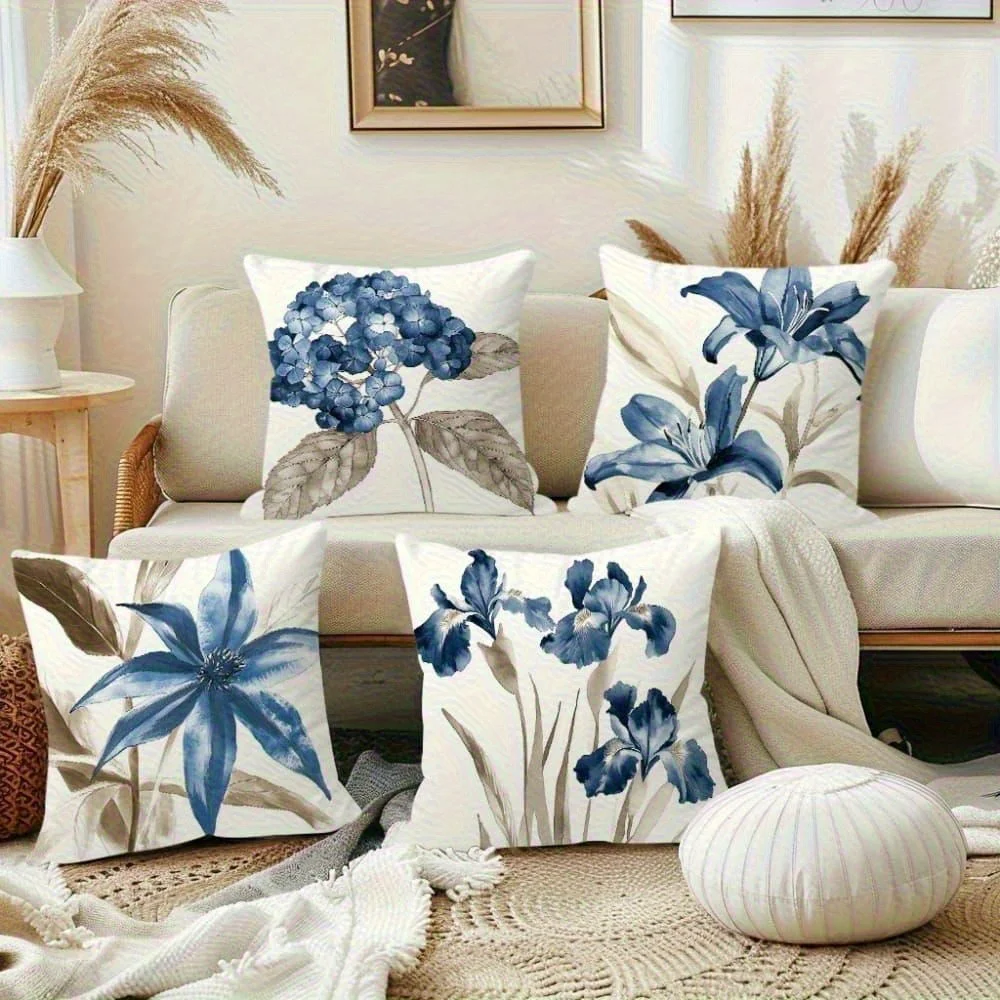 Blue Hydrangea Lily Throw Pillow Covers, Watercolor Iris Floral Print Cushion Cases Botanical Home Decor for Bedroom Living Room