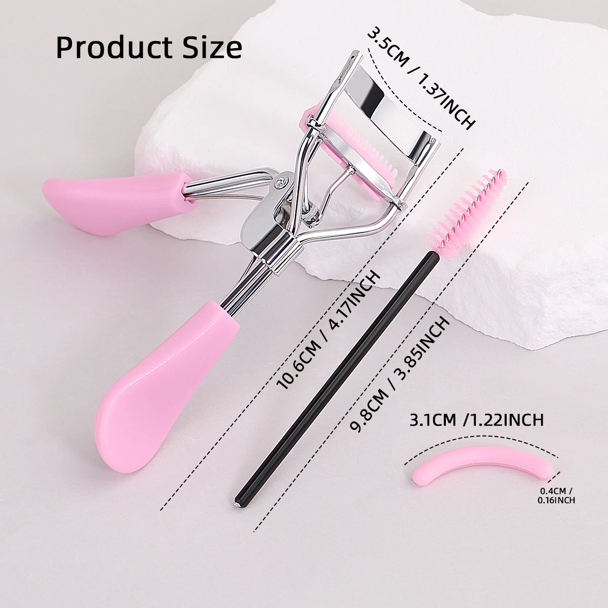 Pink stainless steel comb with 10PCS silicone pads and 1PC pink spiral comb for eyelash extension, portable eyelash curler