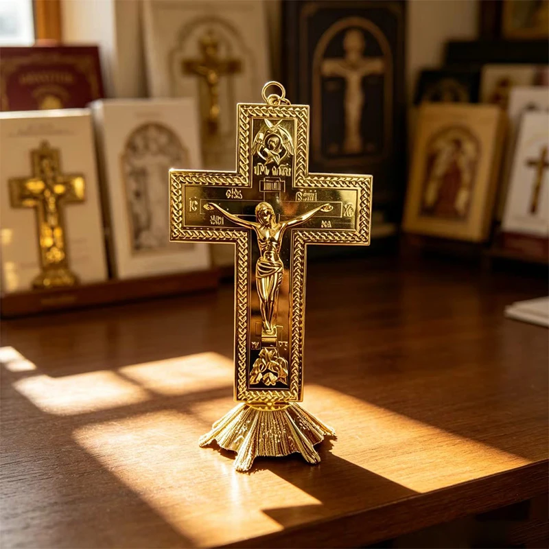 

New 2026 Ornate Gold Tone Tabletop Crucifix with Jesus Statue and Base for Orthodox Christian Home Altar Prayer and Display